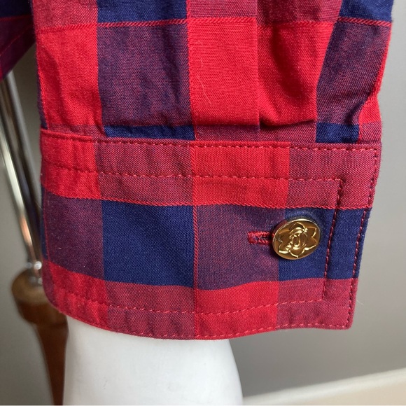 Draper Jane button up shirt 8 long sleeve plaid western ruffle navy blue red - Picture 7 of 10